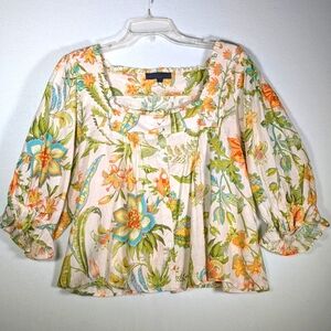 Rachel Roy Floral Print Linen Blend Top M